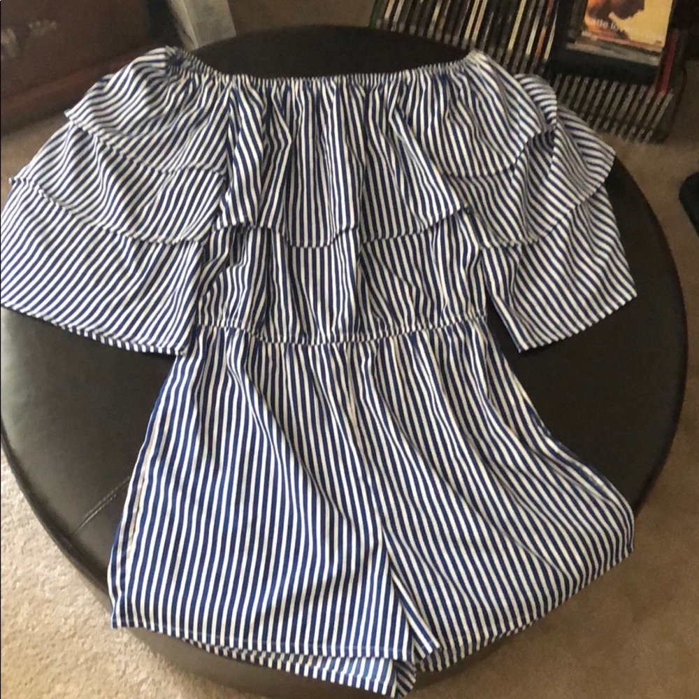 Blue and white ruffle arm romper from Boohoo